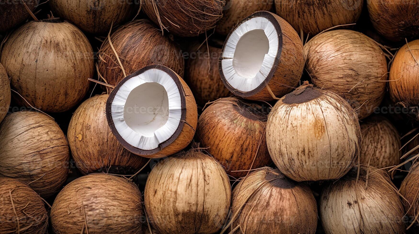Realistic photo of a bunch of coconuts. top view fruit scenery.
