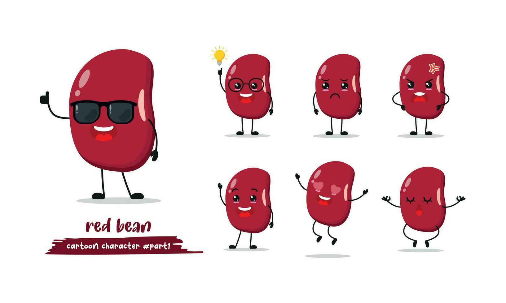 cute Red bean different activity expression emotion. bean wear sunglasses with many activity vector illustration flat design.