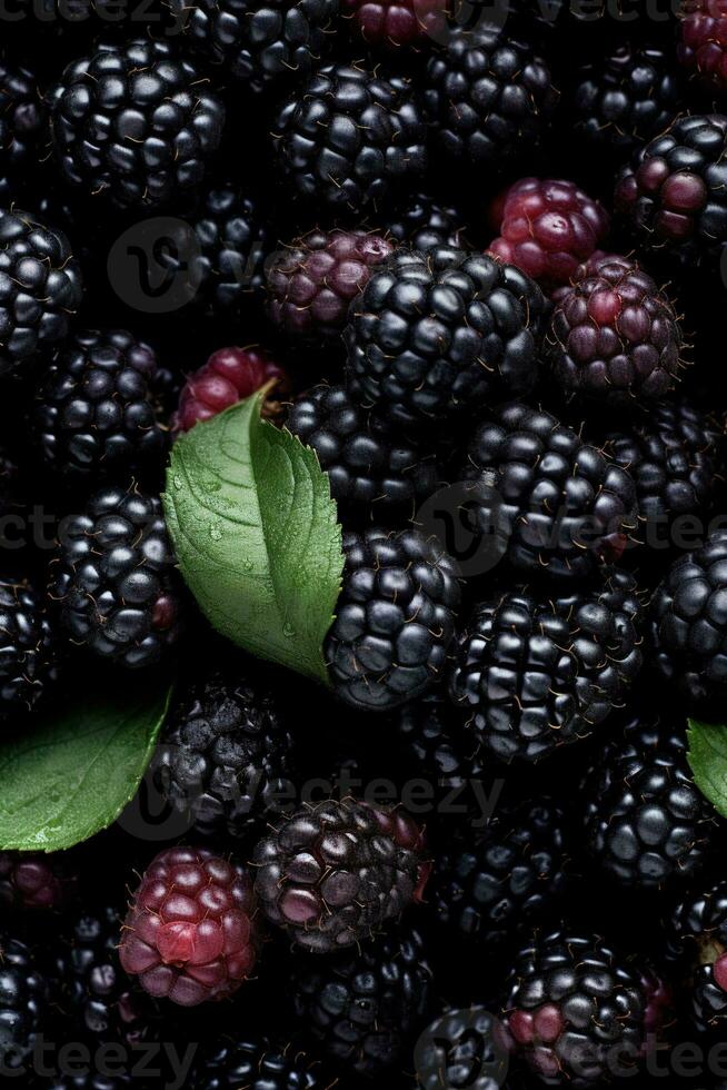Realistic photo of a bunch of blackberries. top view fruit scenery. AI Generated