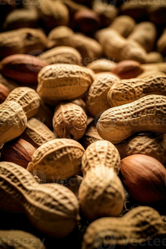 Realistic photo of a bunch of peanuts. top view nuts scenery. AI Generated