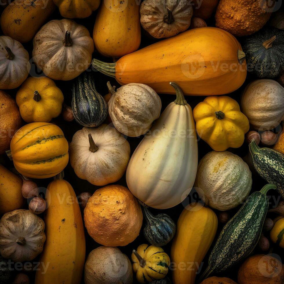 realista foto de diferente tipo de calabaza. parte superior ver Fruta escenario. ai generado