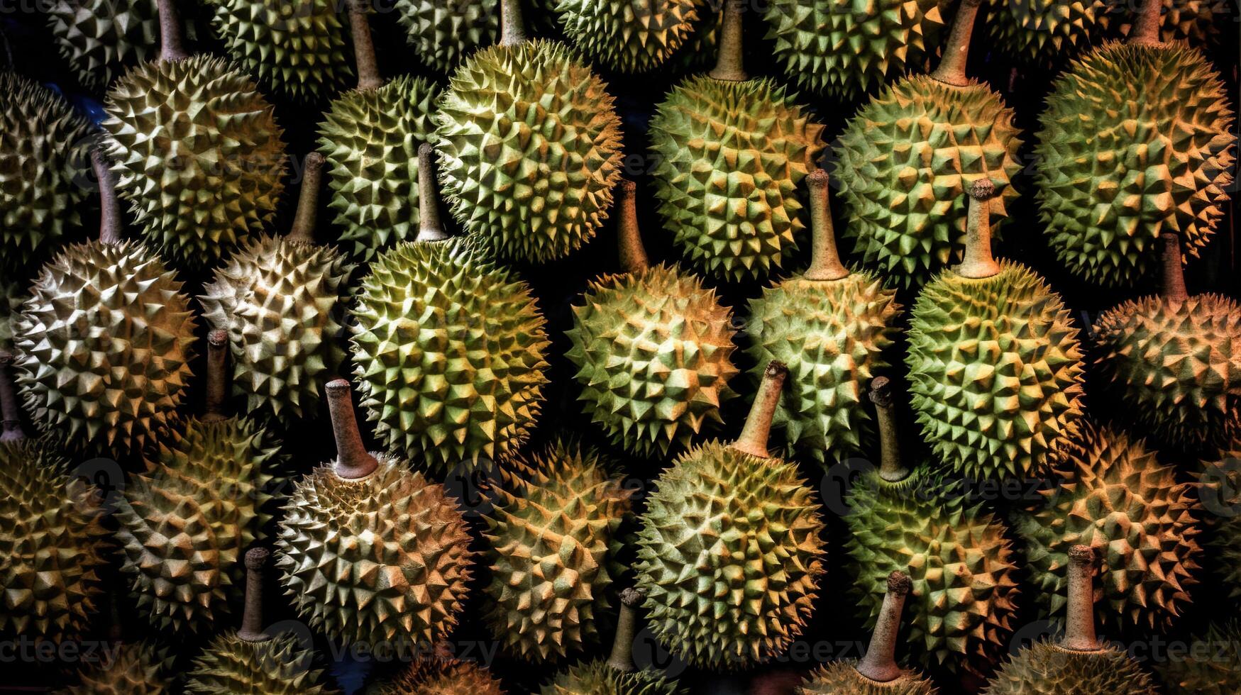 Realistic photo of a bunch of durians. top view fruit scenery.