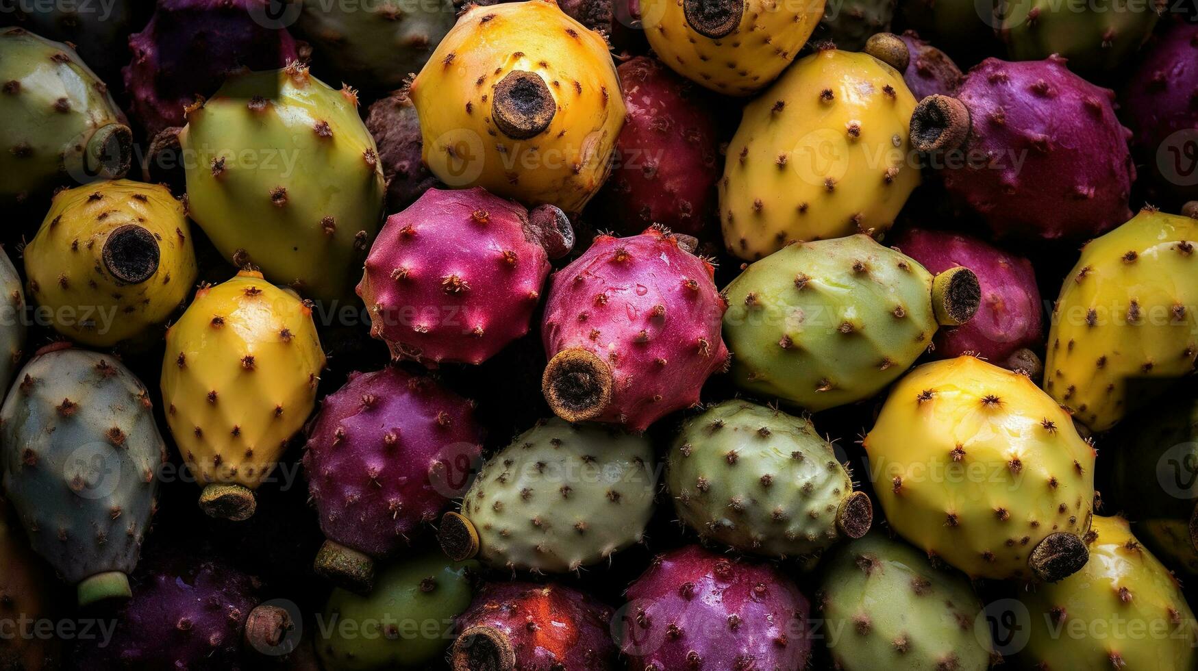 Realistic photo of a bunch of prickly pears. top view fruit scenery. AI Generated