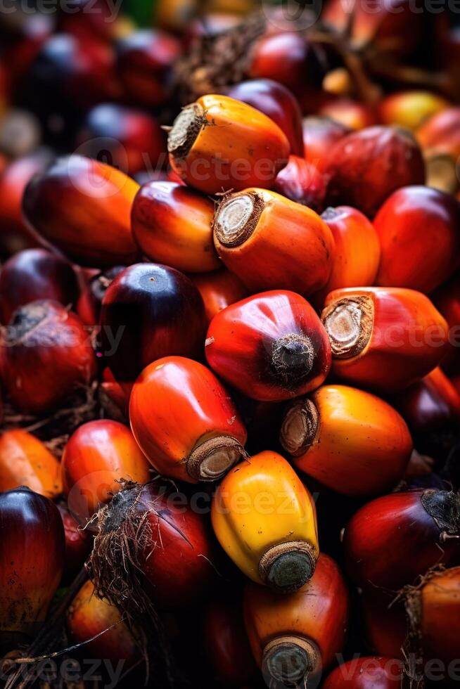 Realistic photo of a bunch of oil palm fruit. top view fruit scenery. AI Generated