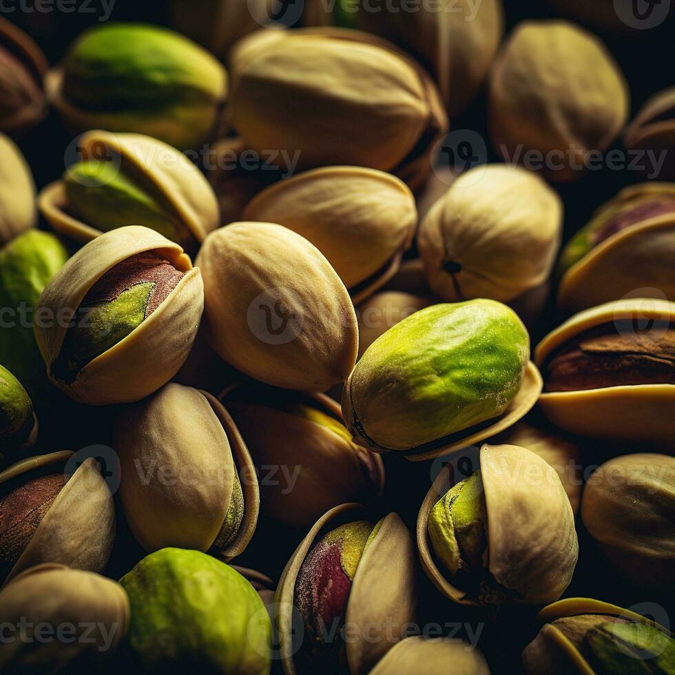 Realistic photo of a bunch of pistachios. top view nuts scenery. AI Generated