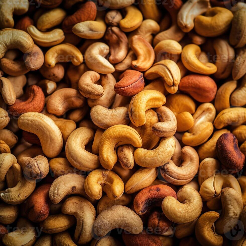Realistic photo of a bunch of chasews. top view nuts scenery.