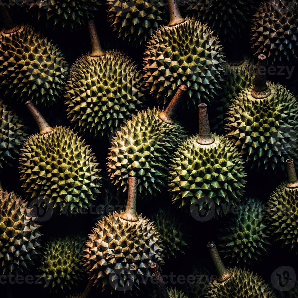 Realistic photo of a bunch of durians. top view fruit scenery.