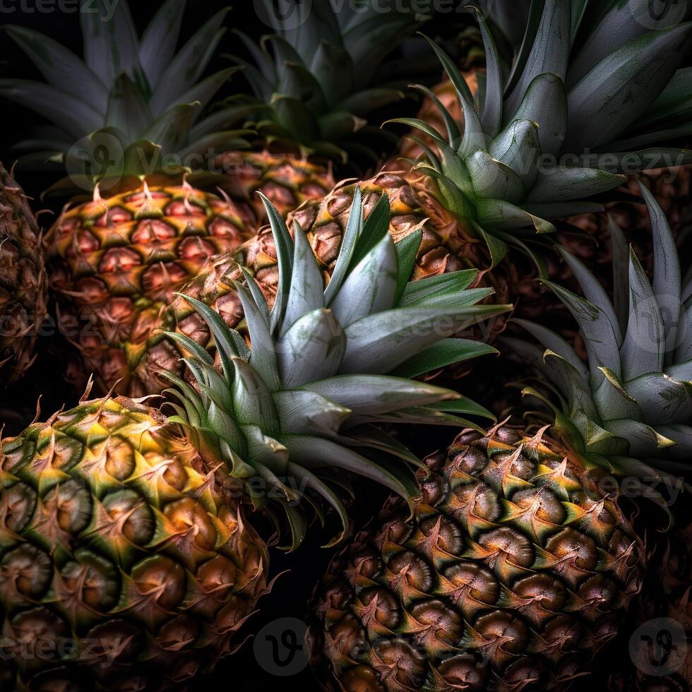 realista foto de un manojo de piñas. parte superior ver Fruta escenario. ai generado