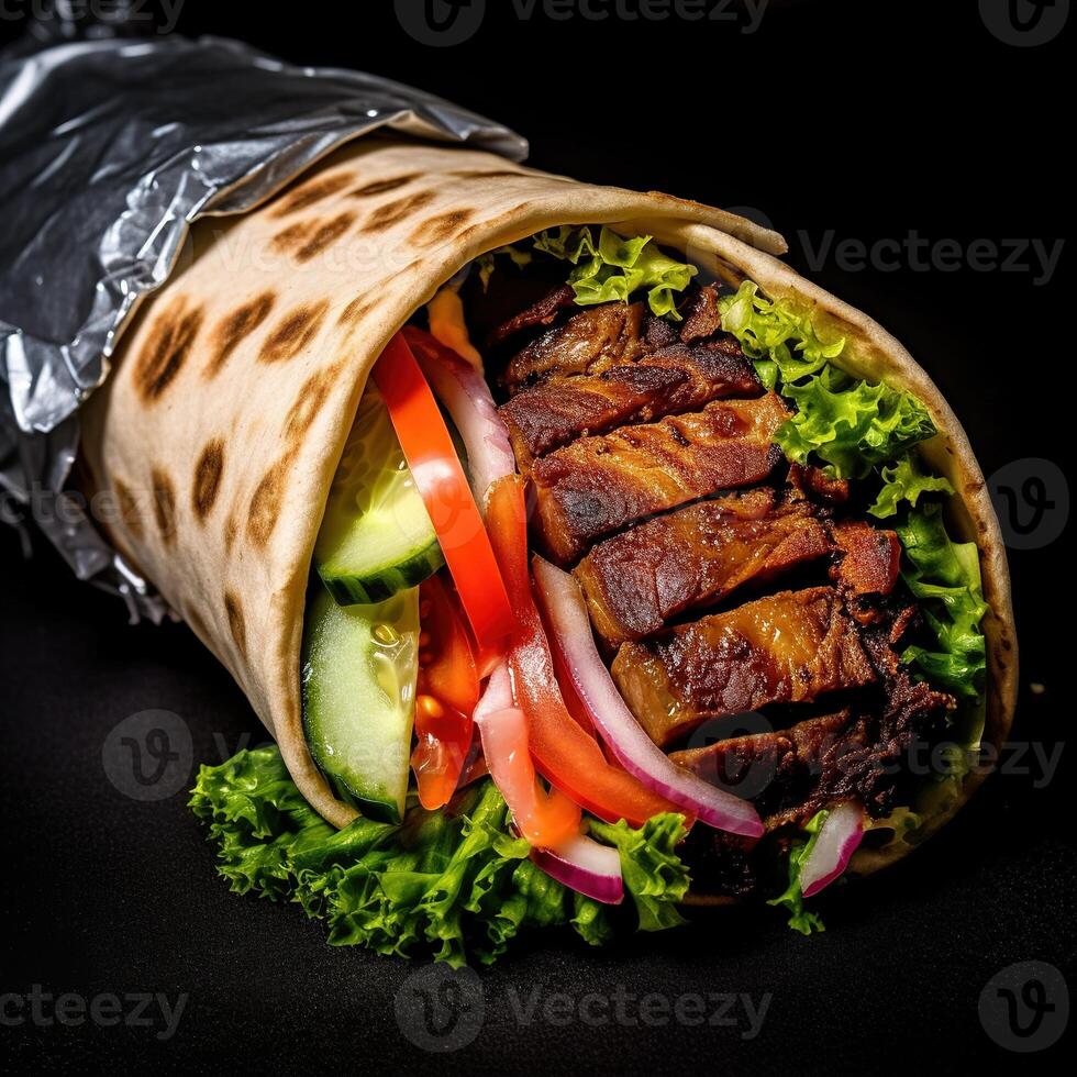 Realistic photo of Doner Kebab. Close-Up Food Photography. AI Generated