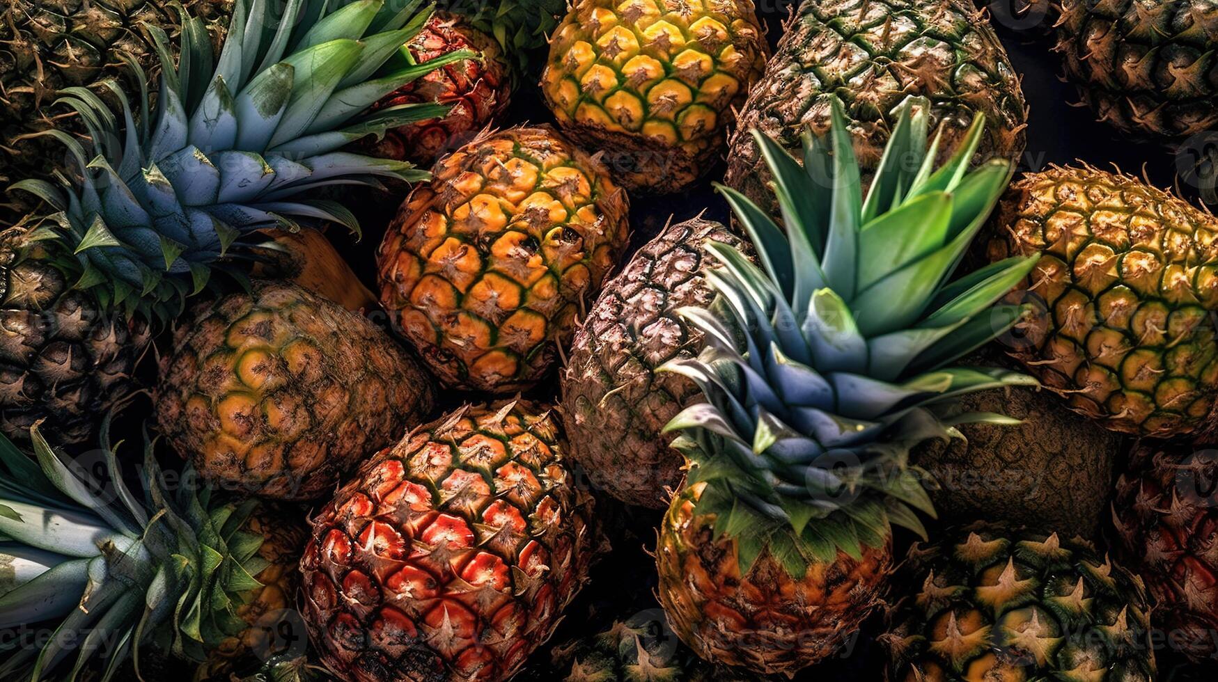 Realistic photo of a bunch of pineapples. top view fruit scenery. AI Generated