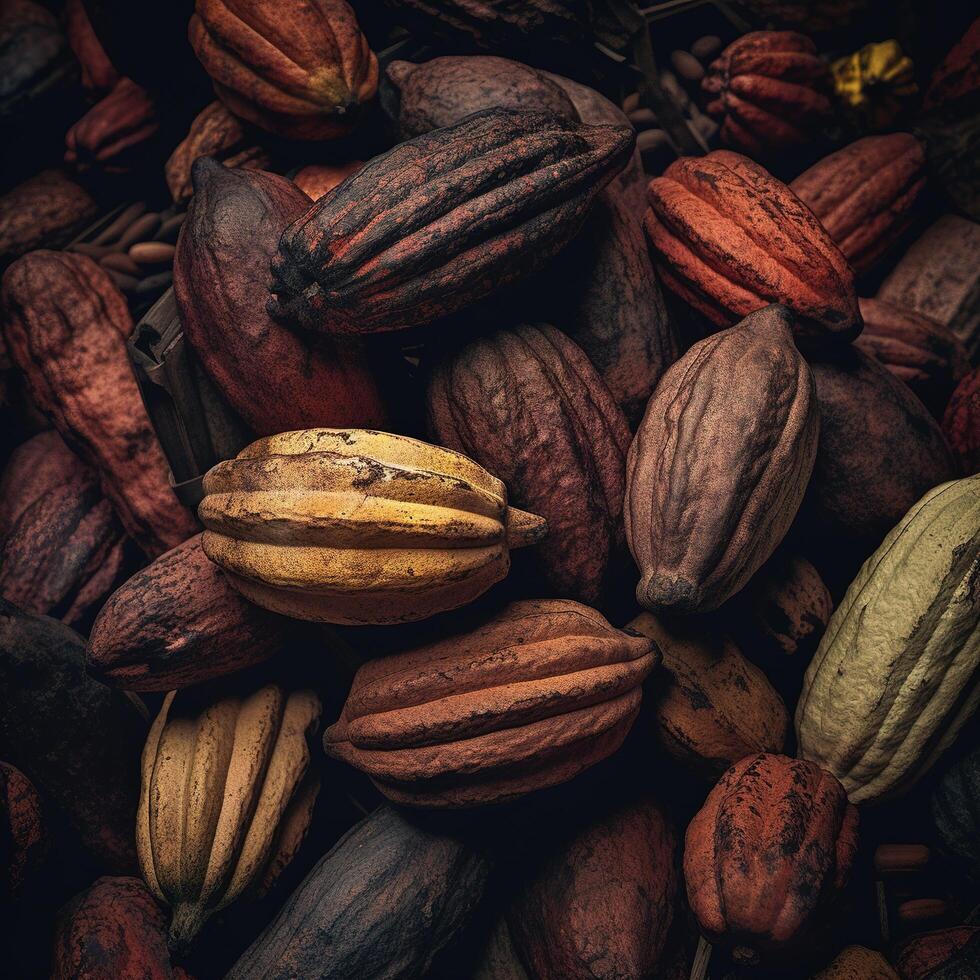Realistic photo of a bunch of cacao. top view fruit scenery.