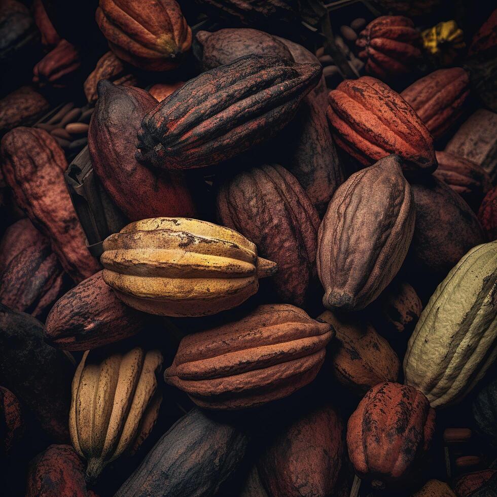 realista foto de un manojo de cacao. parte superior ver Fruta escenario. ai generado