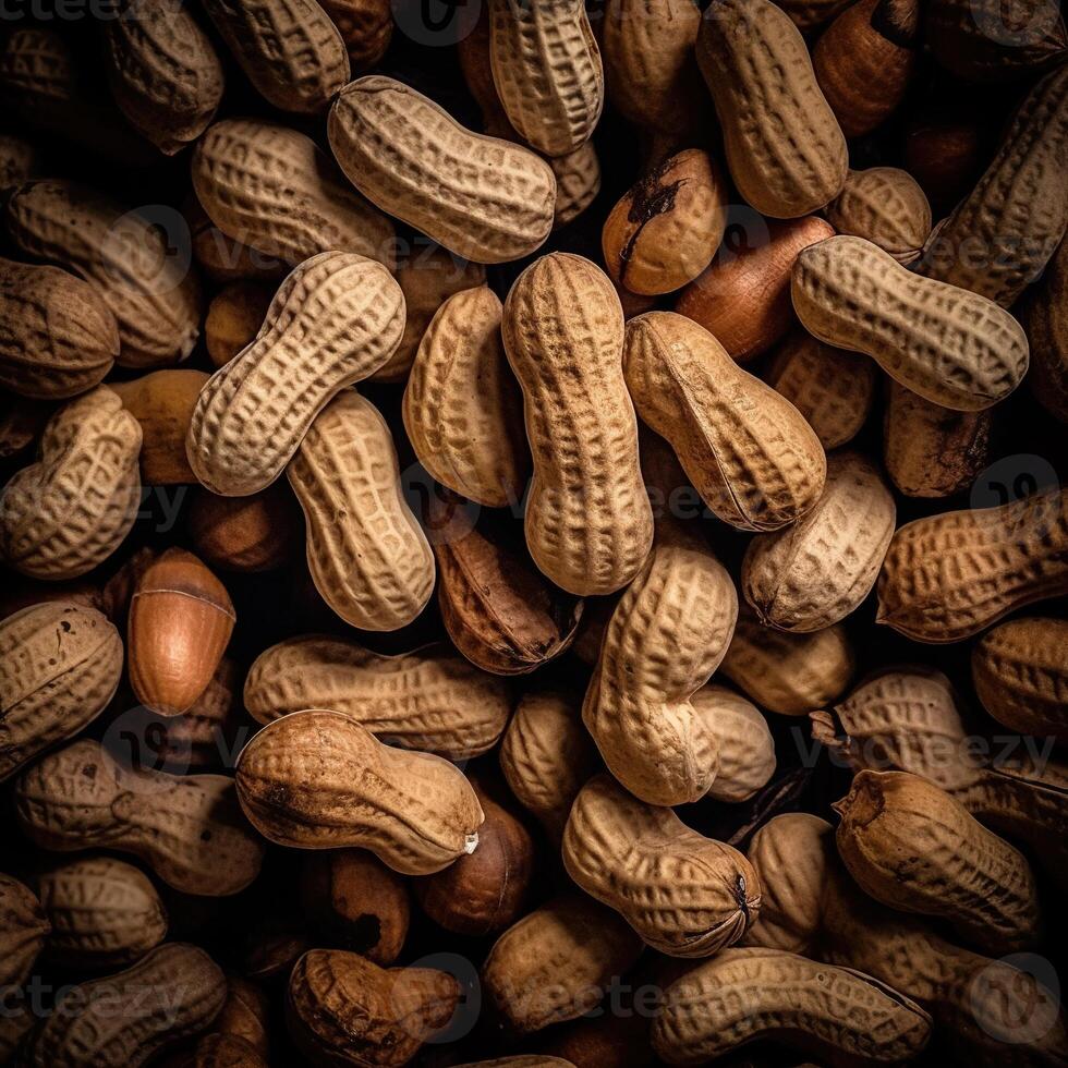 Realistic photo of a bunch of peanuts. top view nuts scenery.