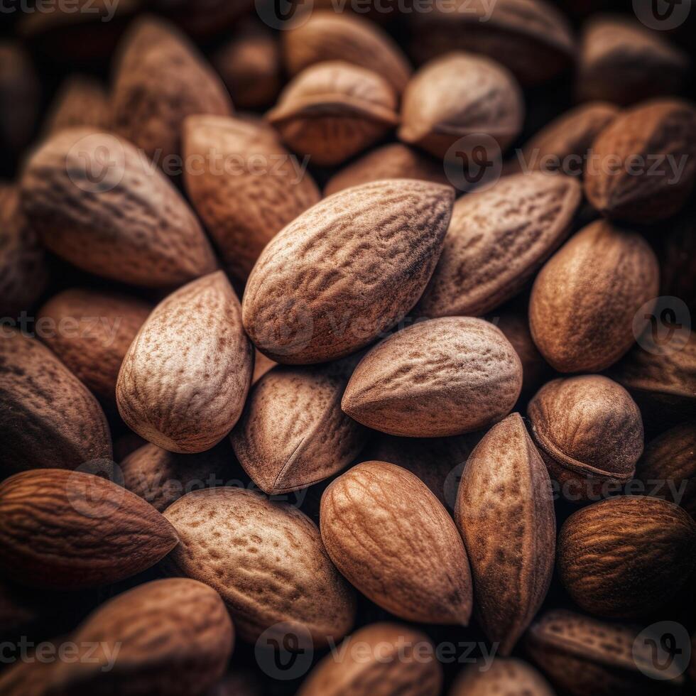 Realistic photo of a bunch of almonds. top view nuts scenery.