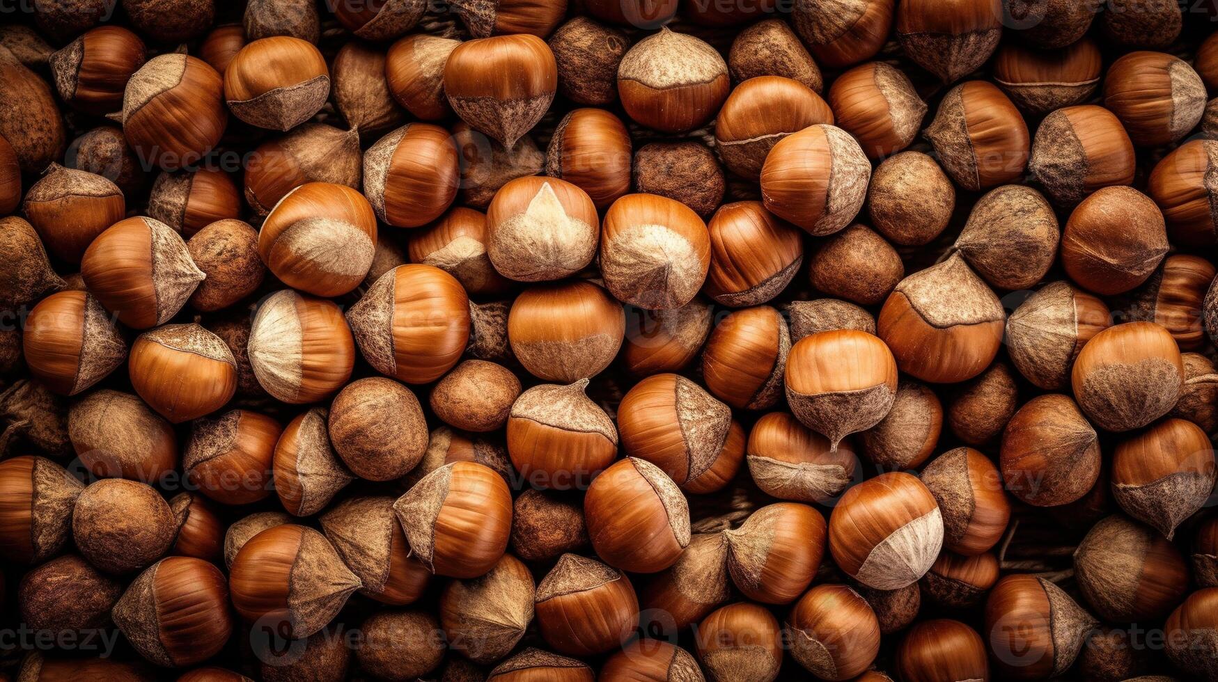 Realistic photo of a bunch of hazelnuts. top view nuts scenery.