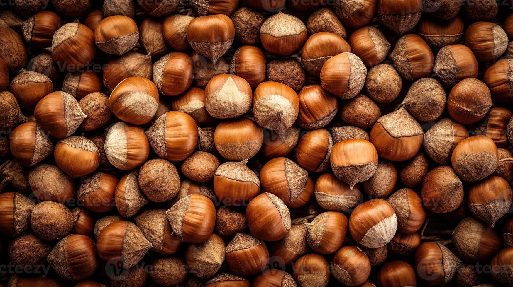 Realistic photo of a bunch of hazelnuts. top view nuts scenery. AI Generated