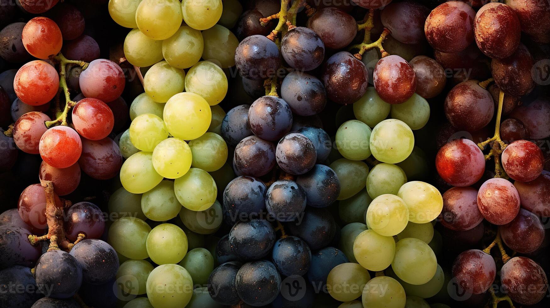 realista foto de diferente tipo de uvas. parte superior ver Fruta escenario. ai generado