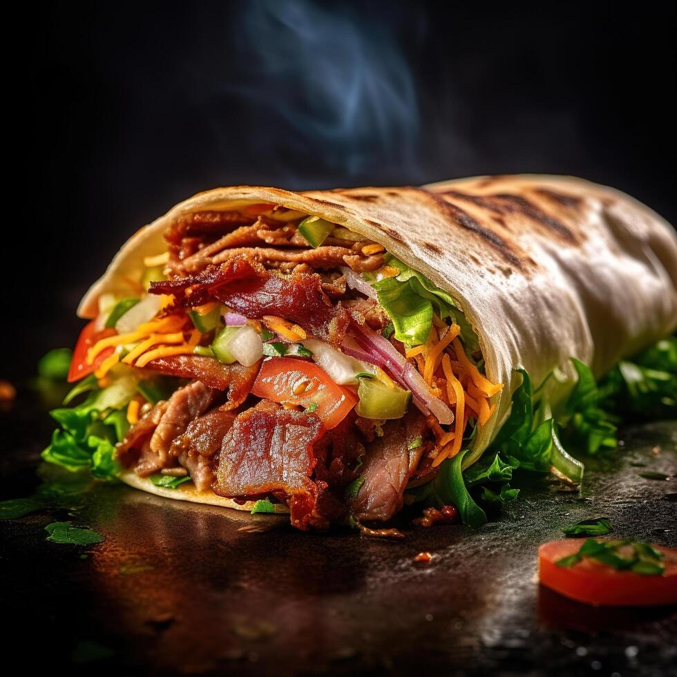 Realistic photo of Doner Kebab. Close-Up Food Photography.