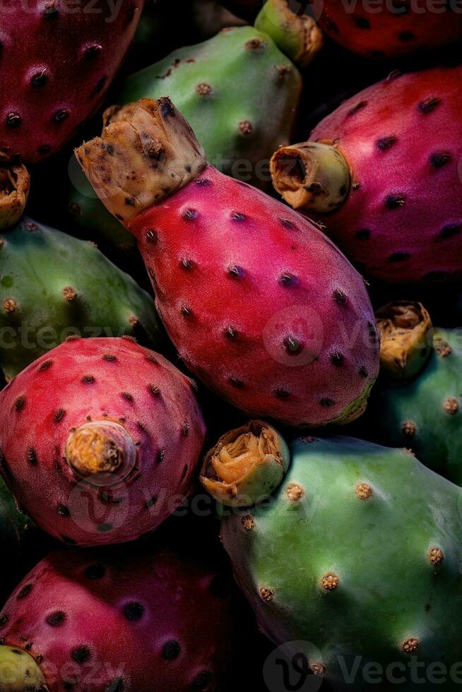 Realistic photo of a bunch of prickly pears. top view fruit scenery. AI Generated