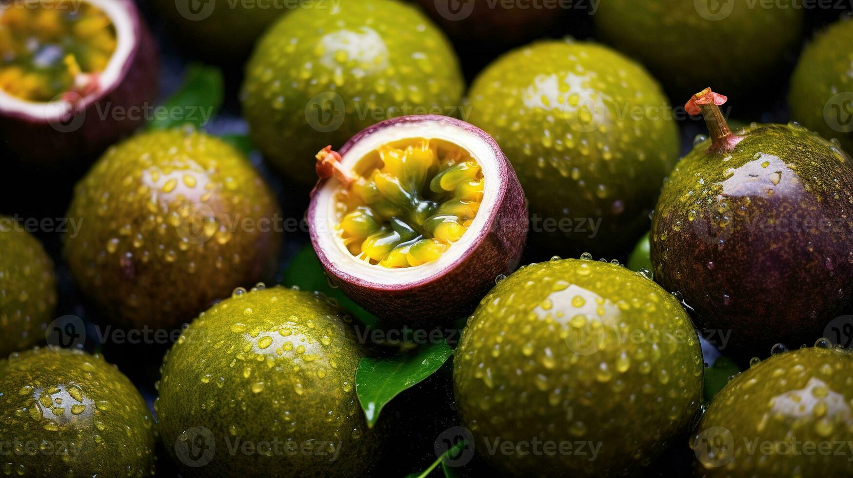 Realistic photo of a bunch of passion fruits. top view fruit scenery. AI Generated