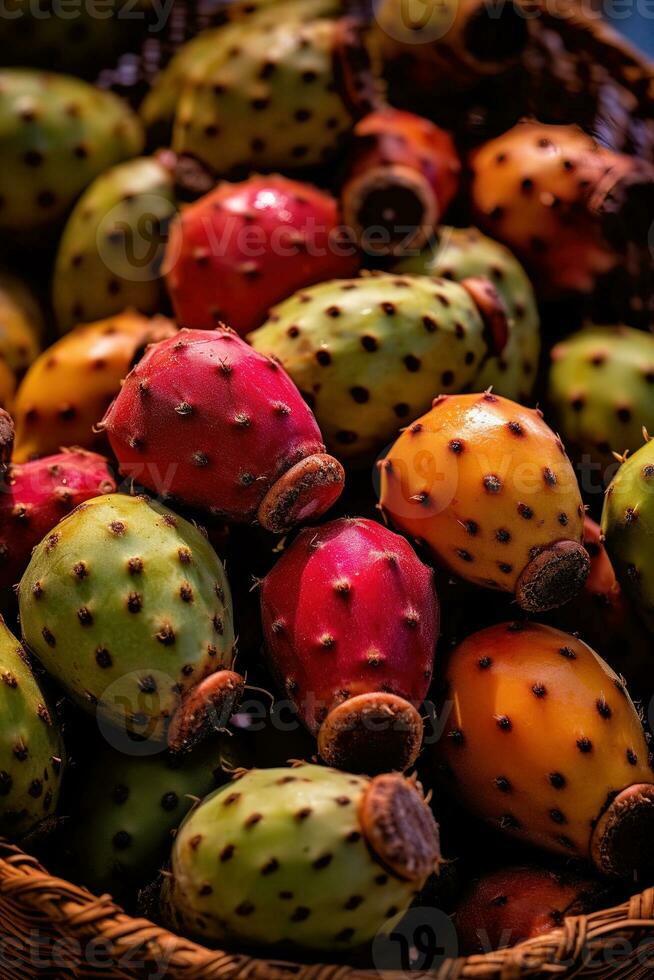 Realistic photo of a bunch of prickly pears. top view fruit scenery. AI Generated