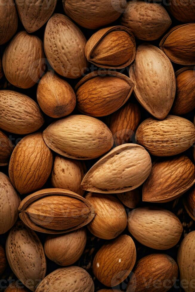Realistic photo of a bunch of almonds. top view nuts scenery. AI Generated