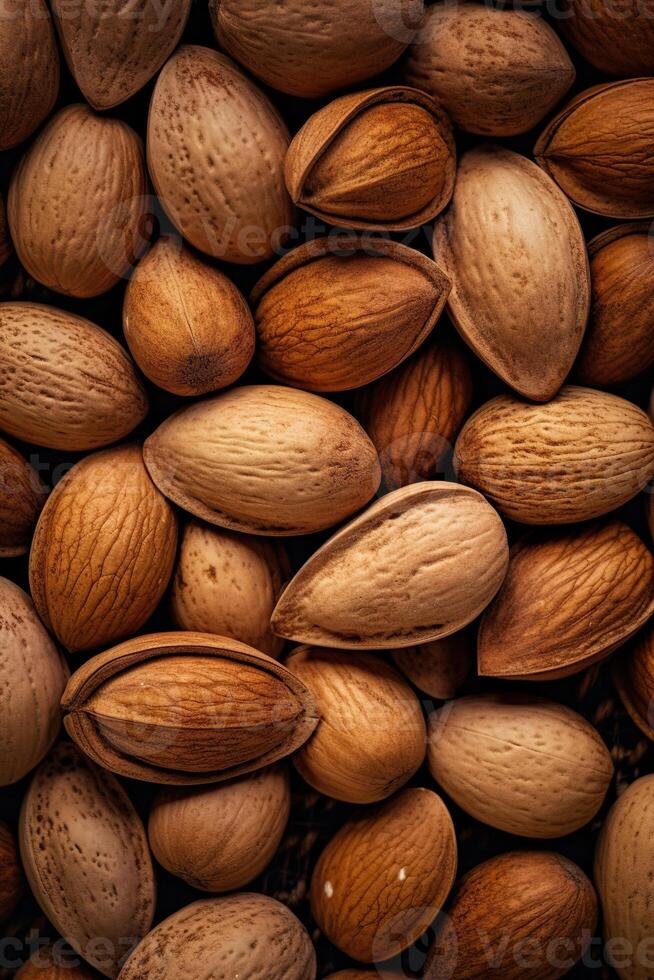 Realistic photo of a bunch of almonds. top view nuts scenery.