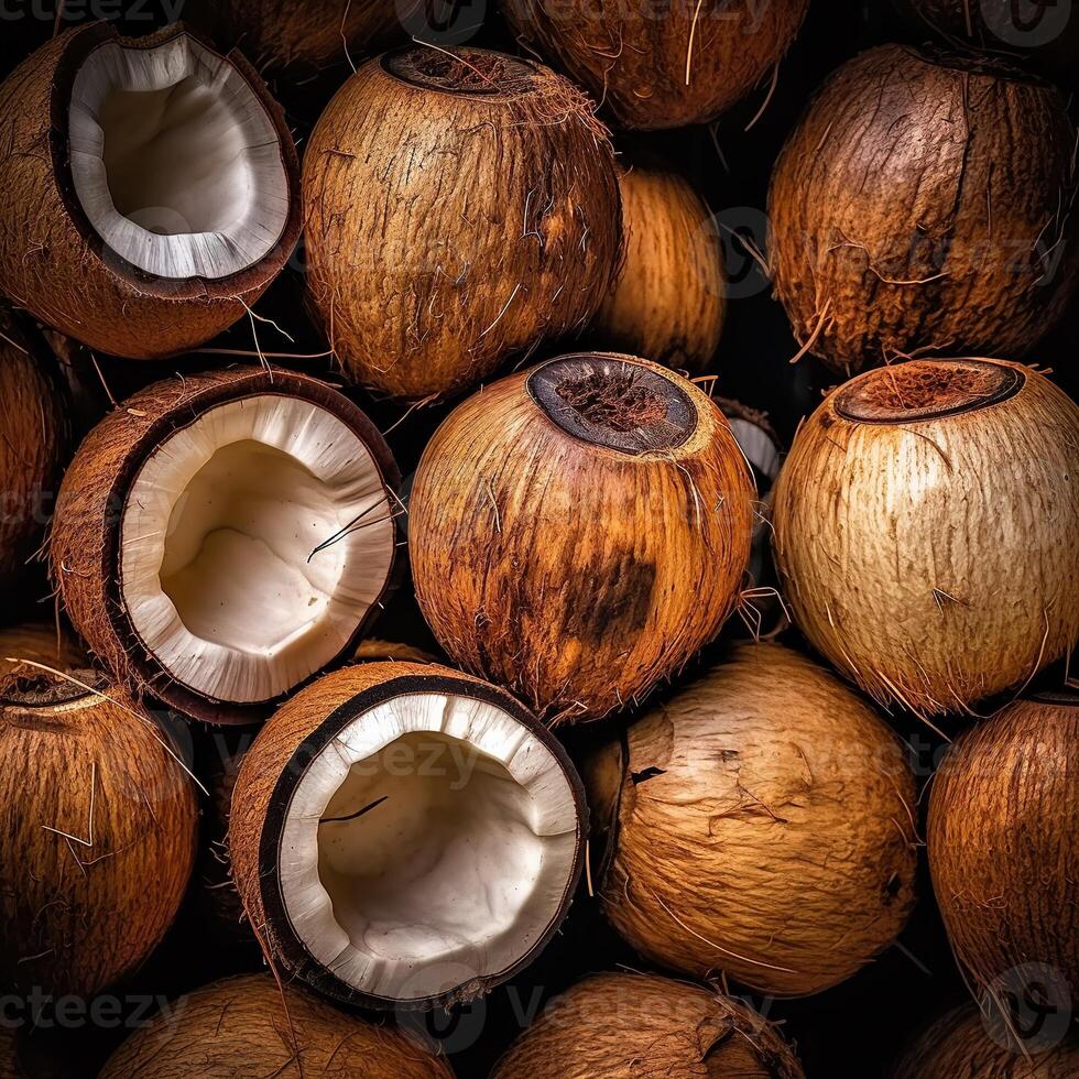 Realistic photo of a bunch of coconuts. top view fruit scenery.