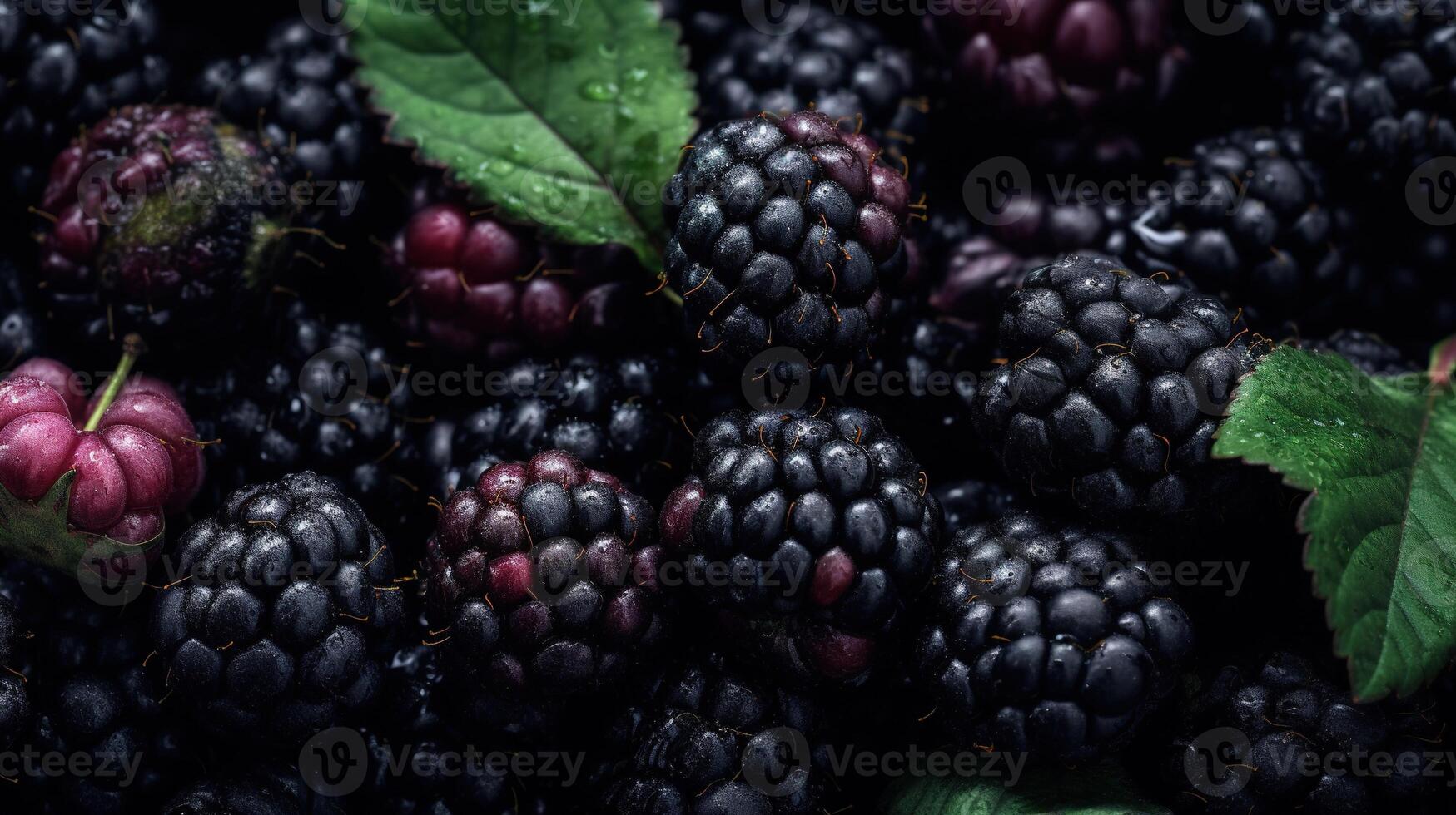 Realistic photo of a bunch of blackberries. top view fruit scenery.