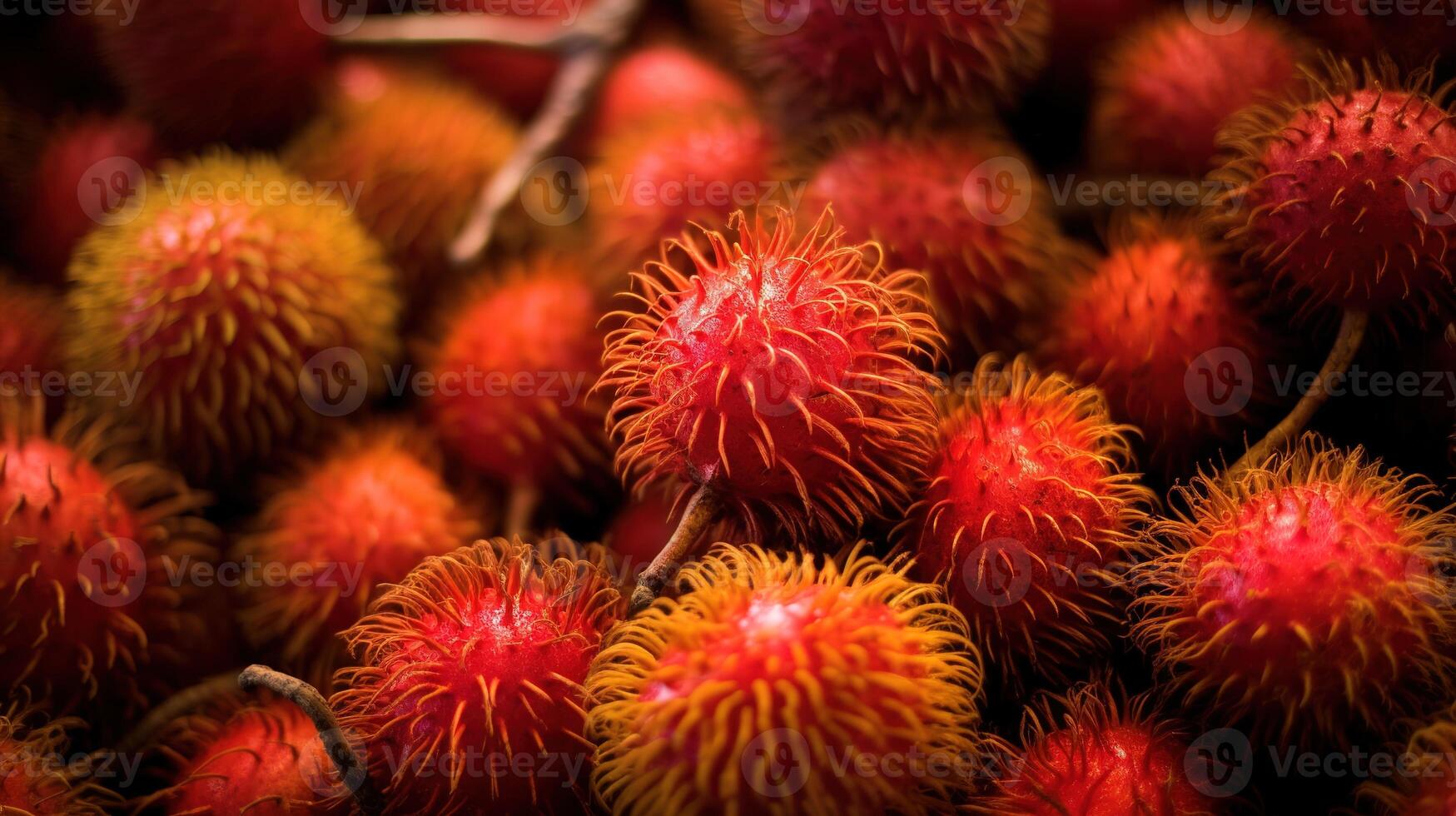 Realistic photo of a bunch of rambutans. top view fruit scenery. AI Generated