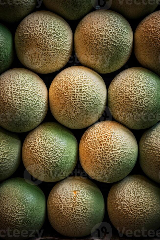 Realistic photo of a bunch of cantaloupe. top view fruit scenery.