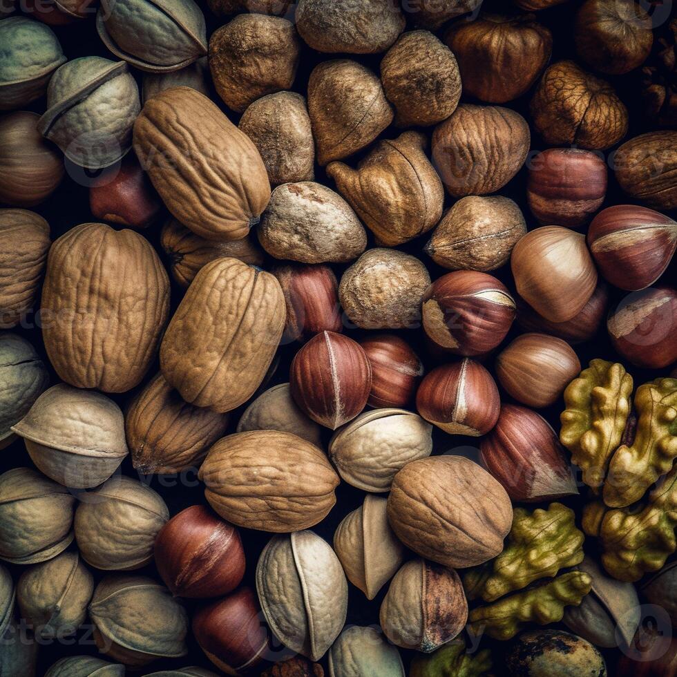 Realistic photo of different kind of nuts. top view nuts scenery.