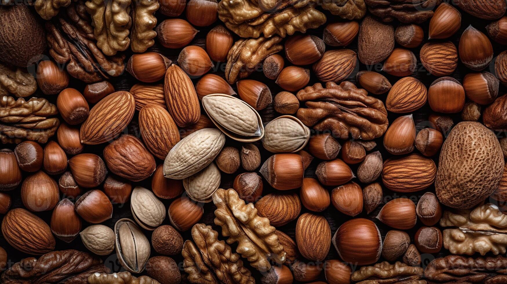 Realistic photo of different kind of nuts. top view nuts scenery.