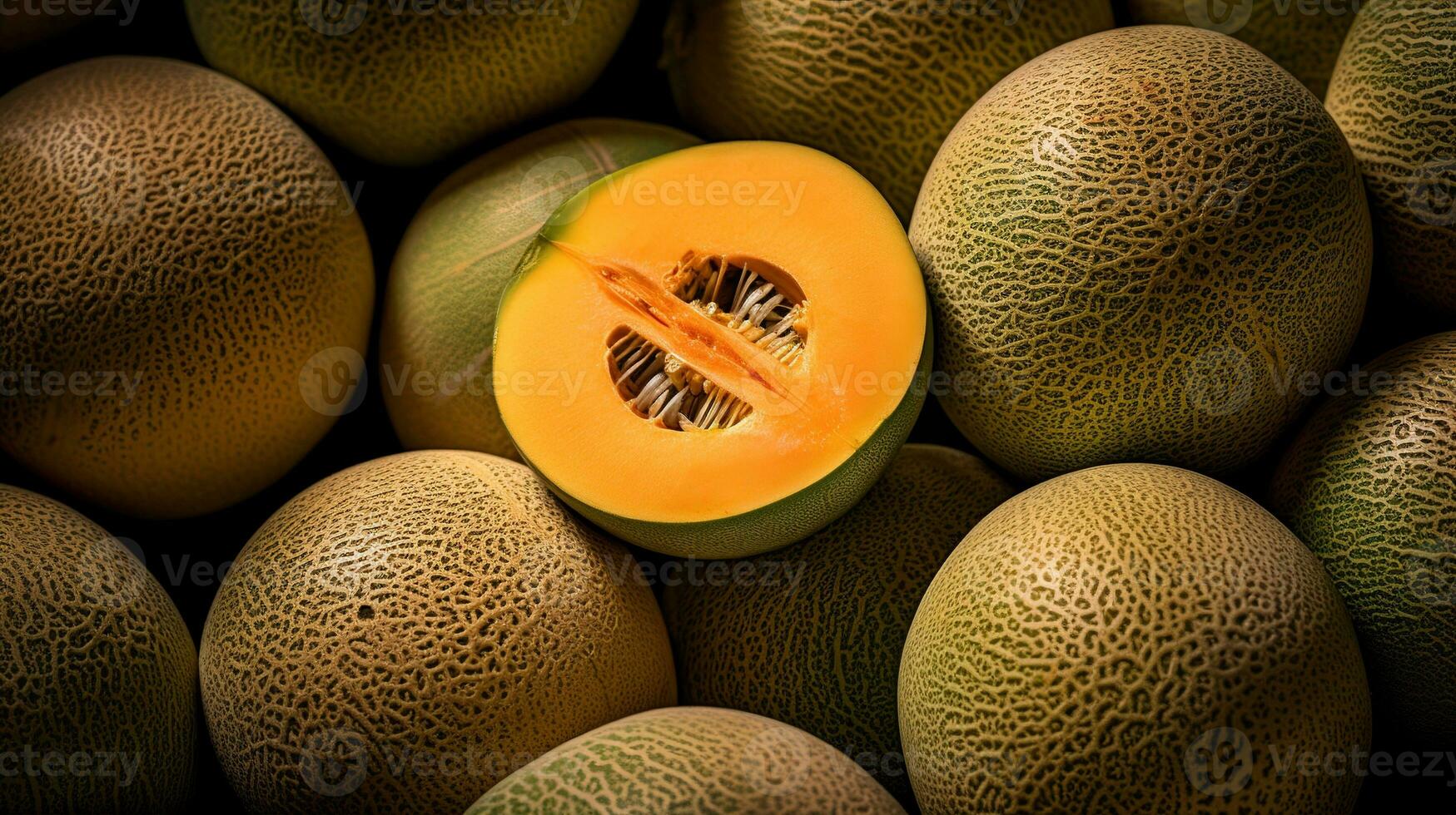 Realistic photo of a bunch of cantaloupe. top view fruit scenery. AI Generated