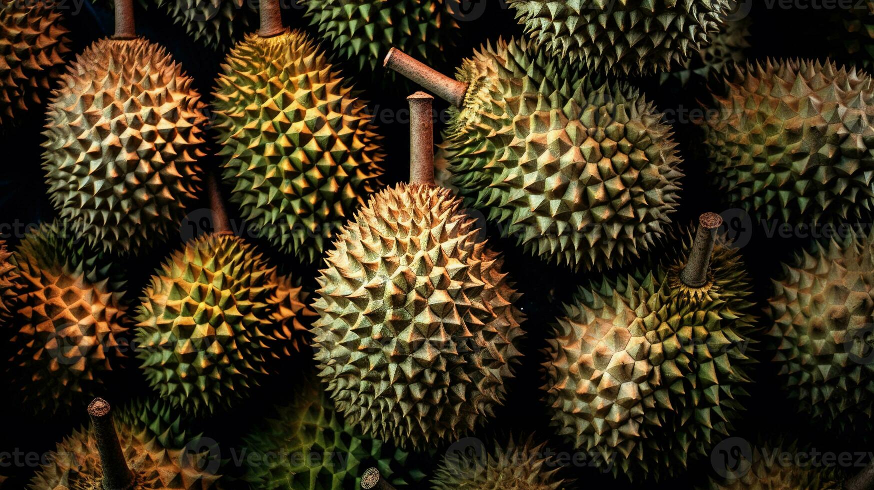 Realistic photo of a bunch of durians. top view fruit scenery. AI Generated