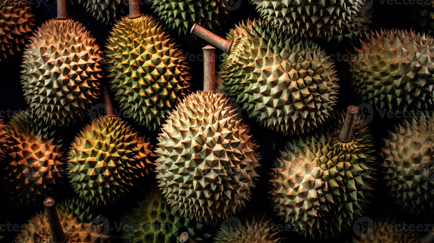 Realistic photo of a bunch of durians. top view fruit scenery.