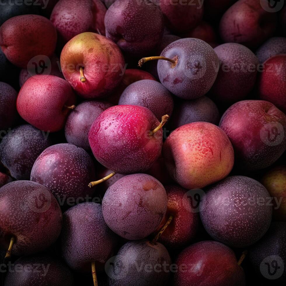 Realistic photo of a bunch of plums. top view fruit scenery.