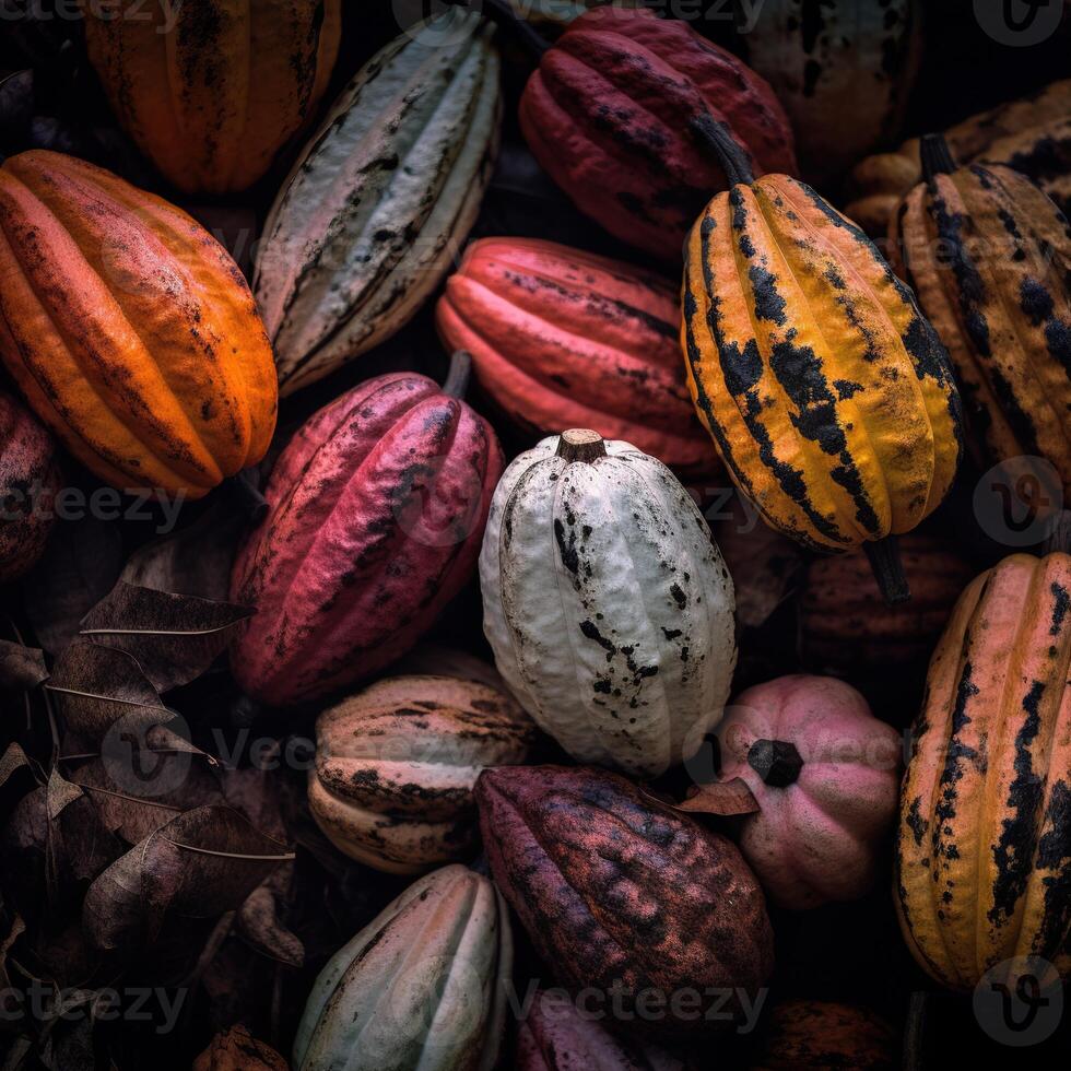 Realistic photo of a bunch of cacao. top view fruit scenery.