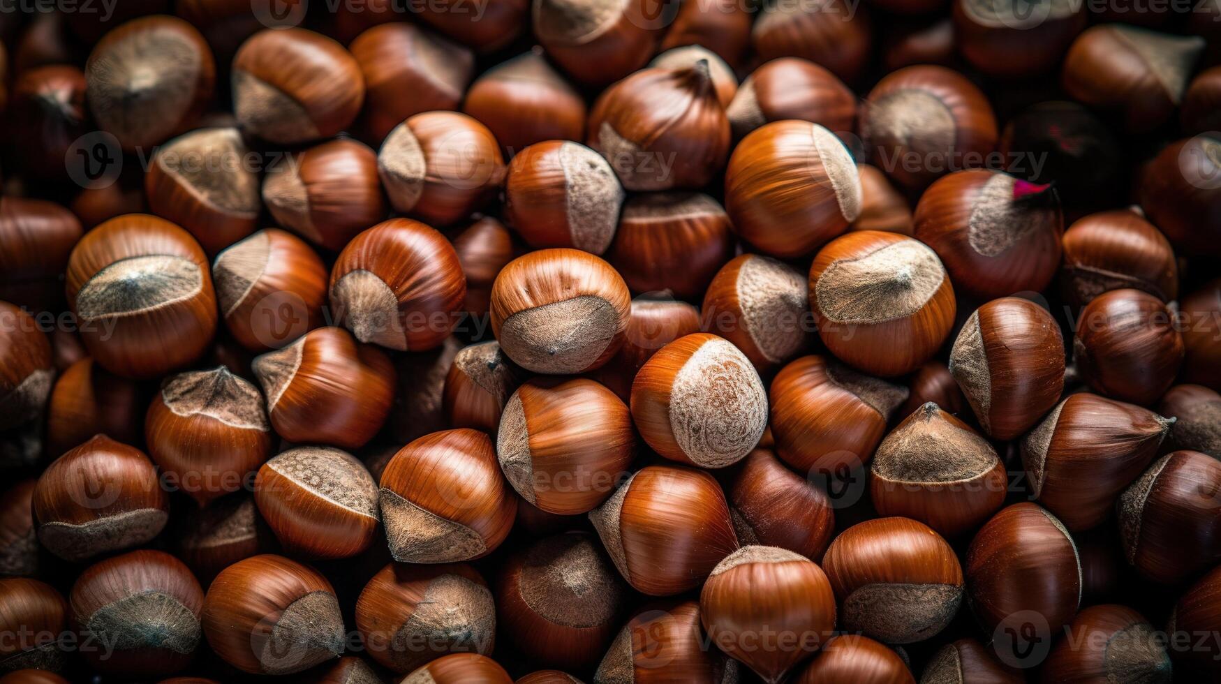 Realistic photo of a bunch of hazelnuts. top view nuts scenery.