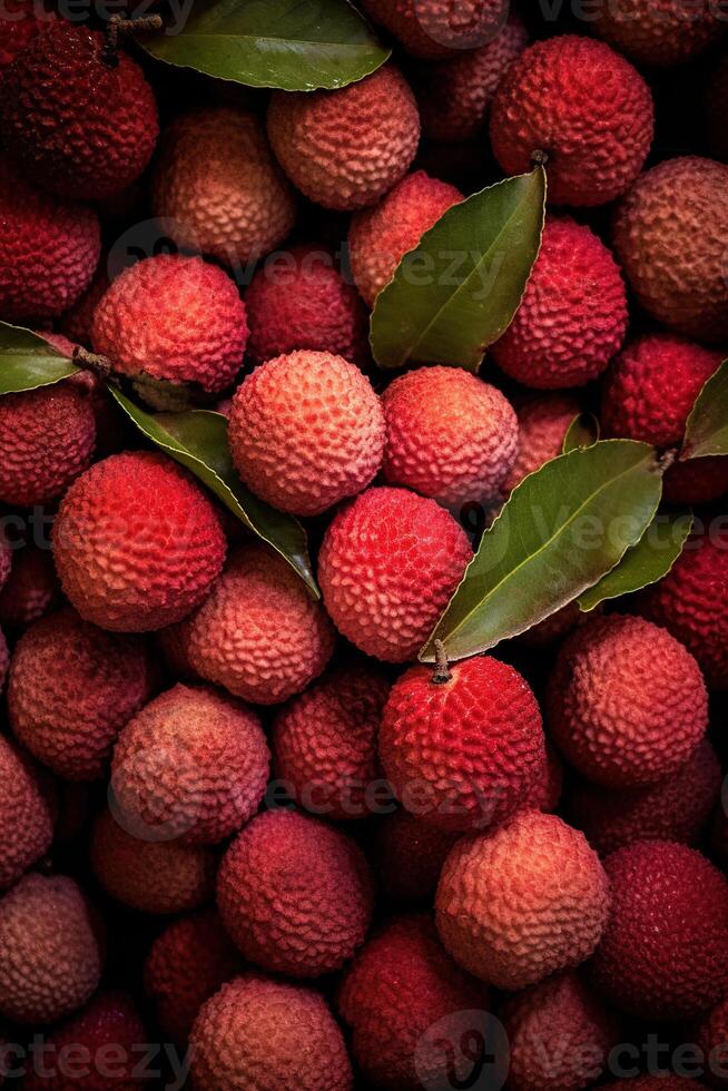 Realistic photo of a bunch of lychees. top view fruit scenery.