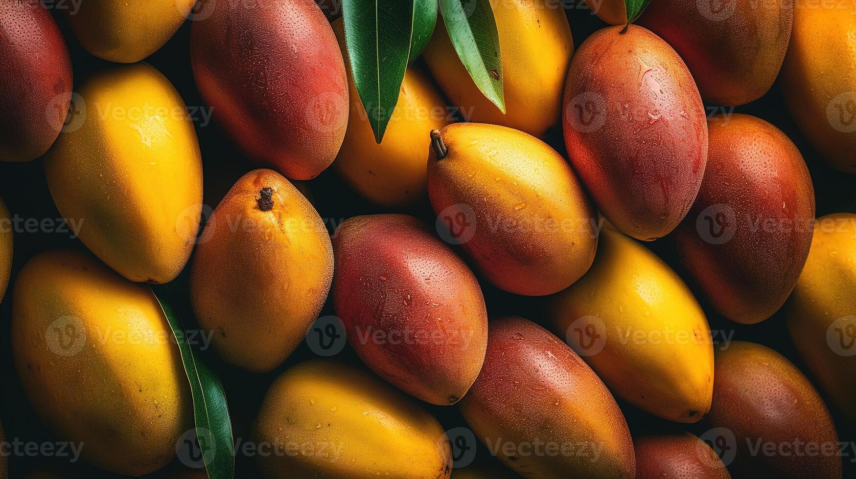 Realistic photo of a bunch of mangos. top view fruit scenery.