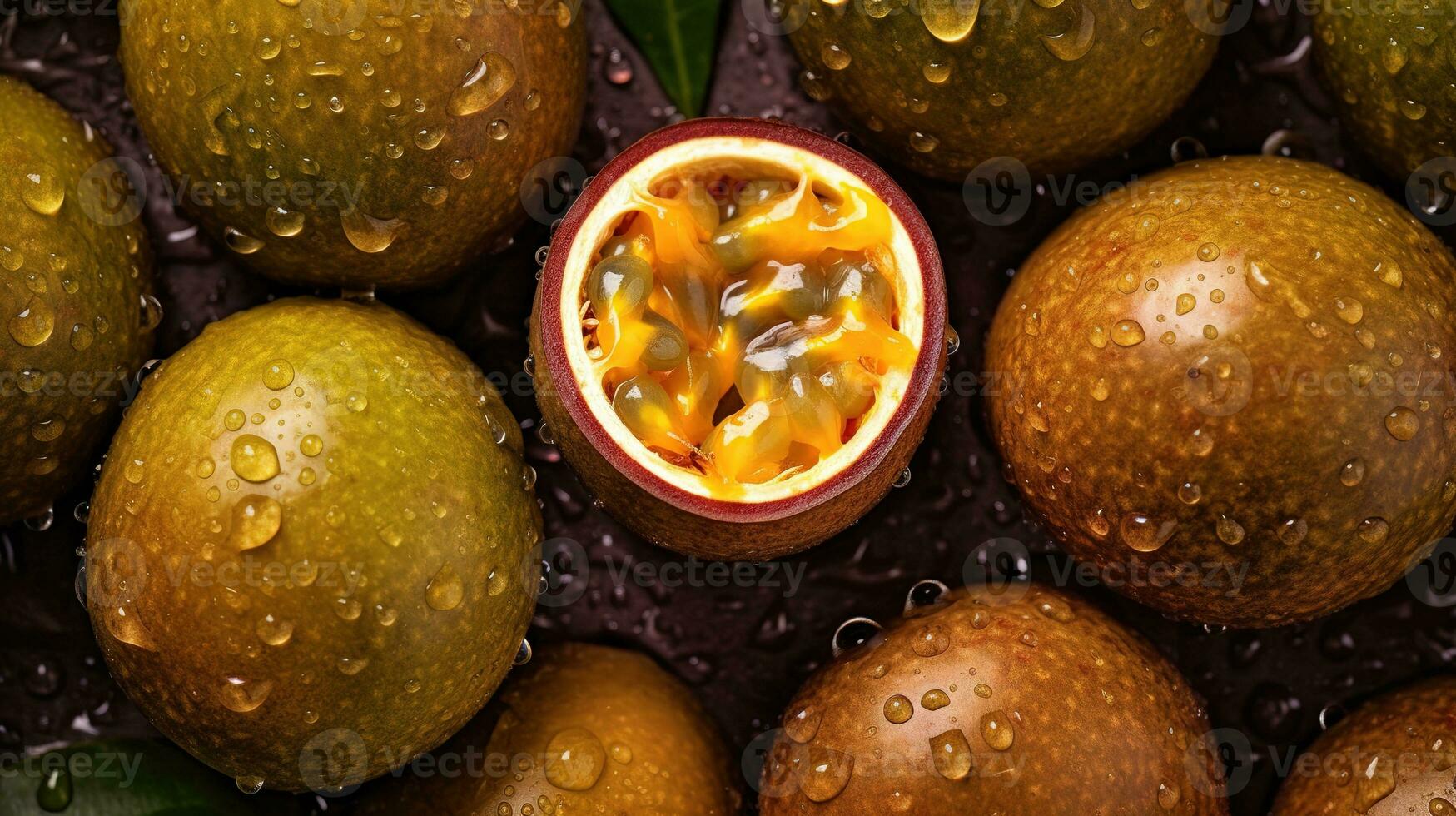 Realistic photo of a bunch of passion fruits. top view fruit scenery. AI Generated