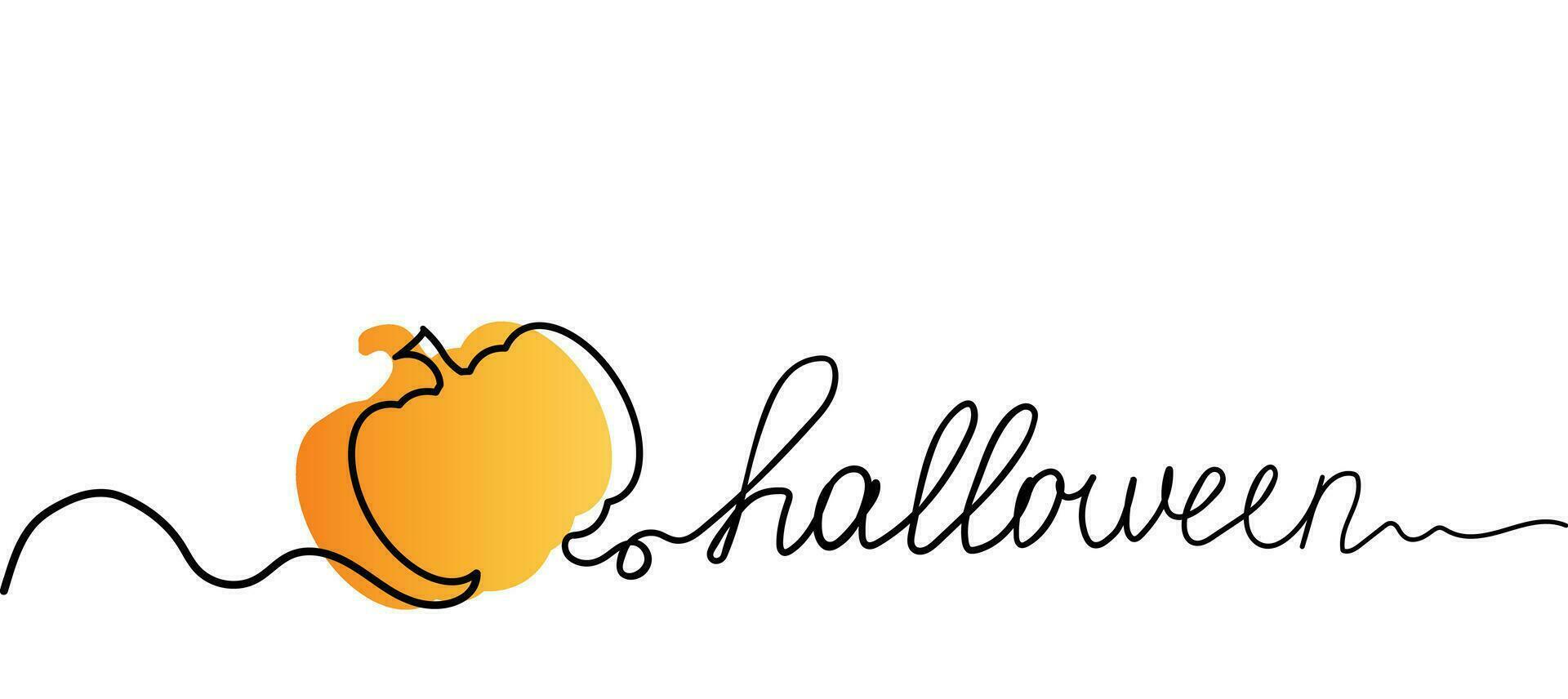 Ripe orange pumpkin, line art style, banner with copy space on white background, halloween concept, autumn harvest. Advertising, flyers, invitations. One line continuous text, Happy Halloween text vector