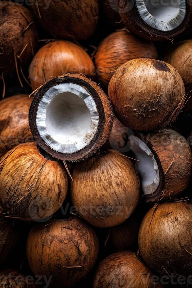 Realistic photo of a bunch of coconuts. top view fruit scenery.