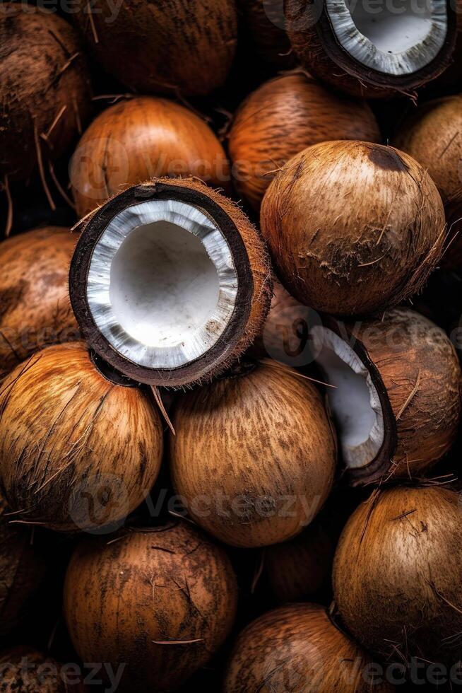 Realistic photo of a bunch of coconuts. top view fruit scenery. AI Generated