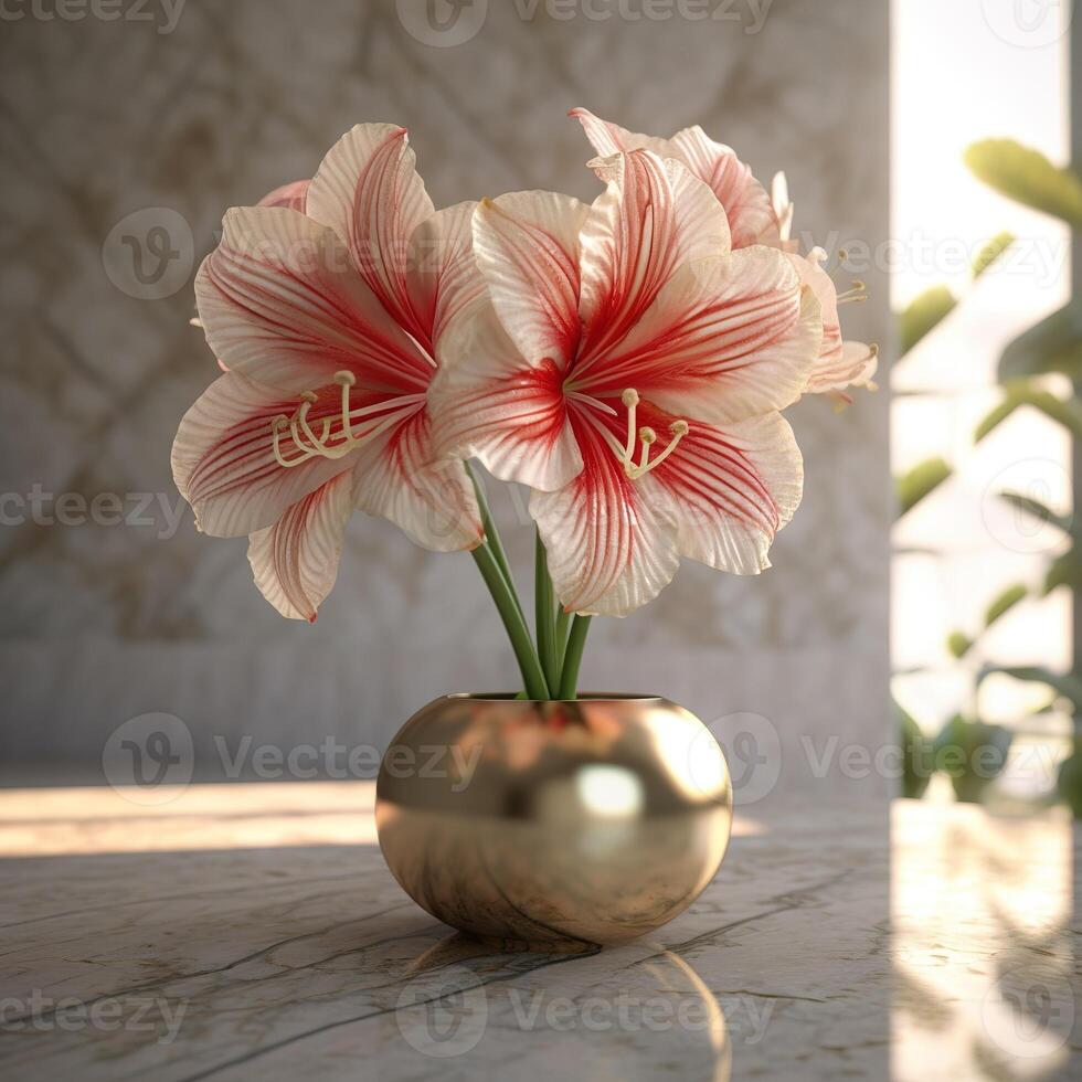 realista foto de un tropical flor planta en un mármol florero. con natural ligero condición. ai generado