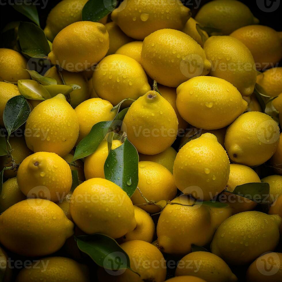 Realistic photo of a bunch of lemons. top view fruit scenery. AI Generated