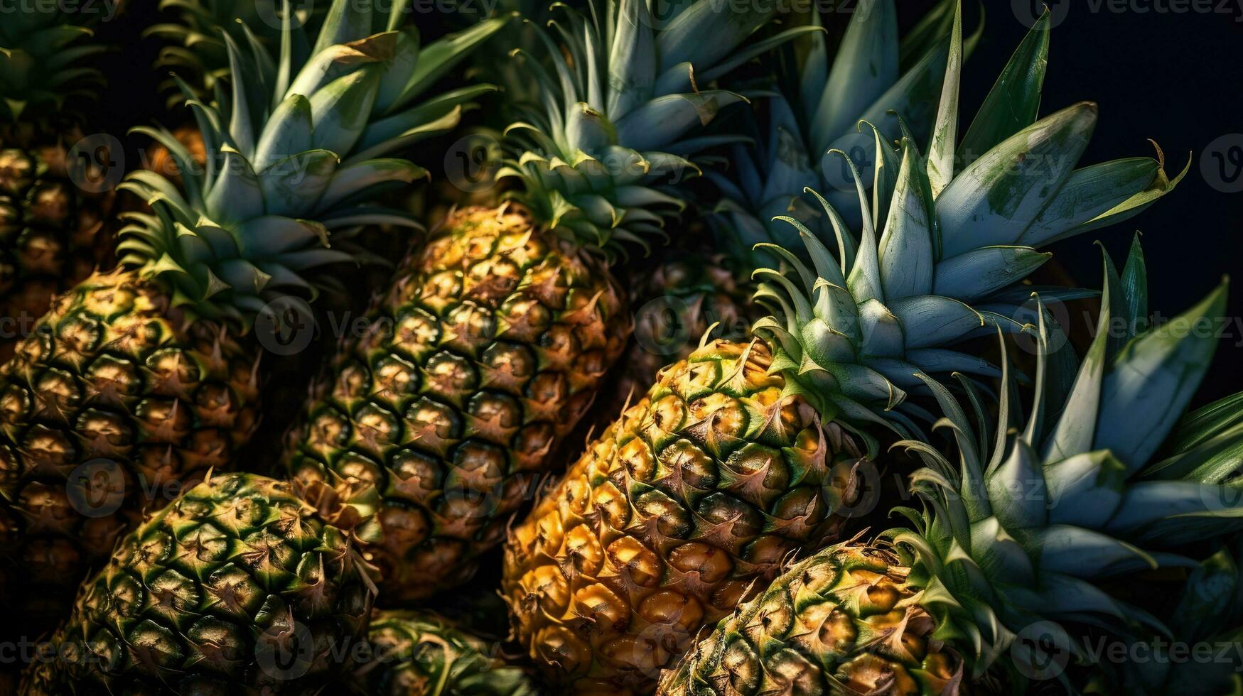 Realistic photo of a bunch of pineapples. top view fruit scenery. AI Generated