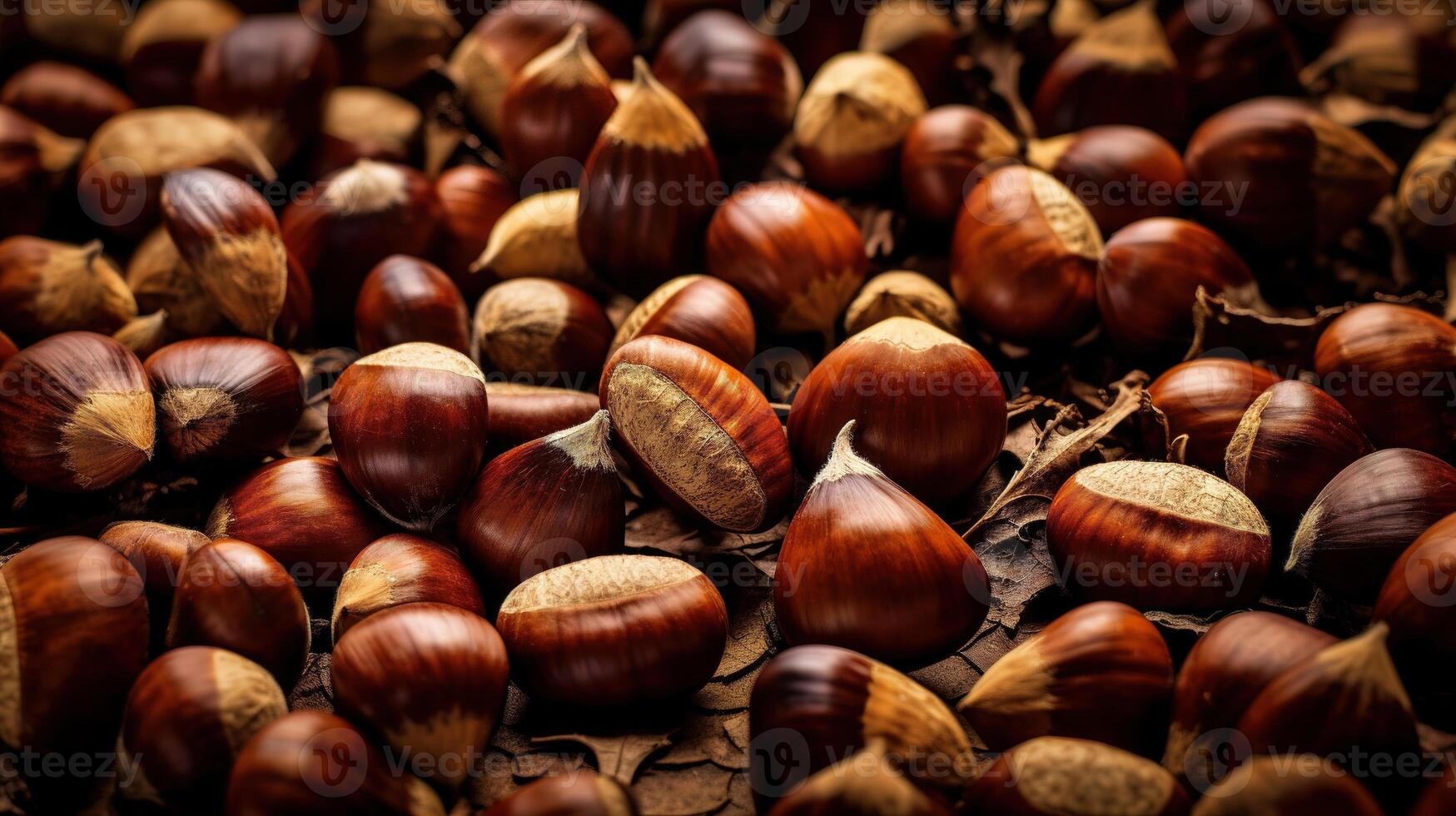 Realistic photo of a bunch of chestnuts. top view nuts scenery.