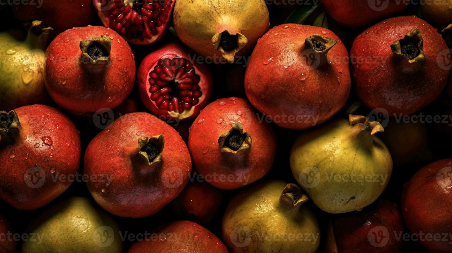 Realistic photo of a bunch of pomegranates. top view fruit scenery. AI Generated